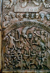 Detail listu byzantského diptychu ze slonoviny zobrazující muže a medvědy v cirkuse. od Unbekannt