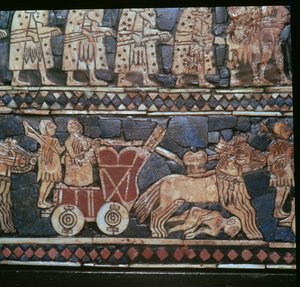Detail standardu Ur, zobrazující sumerský válečný vůz, jižní Irák, asi 2600-2400 před naším letopočtem od Unbekannt