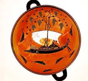 Dionysius na plachetnici obklopený delfíny, starořecký pokrm Krater, 530 př.nl od Unbekannt