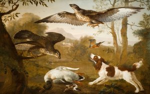 Pes hlídající mrtvou kachnu před dravými ptáky, 1700-1800. od Unbekannt