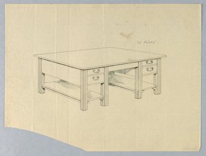 Kresba, design pro masivní knihovní stůl se čtvercovými skládanými nohami a otevřenými policemi od Unbekannt