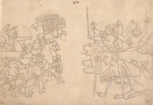 Durga a Kali se blíží ke shromážděným armádám Chandy a Mundy... Devi Mahatmya, kolem roku 1780. od Unbekannt
