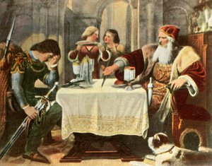 Eberhard rozřízl polovinu ubrusu mezi sebou a svým synem Ulrichem, 1377, 1936. od Unbekannt