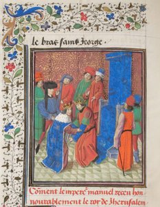 Císař Manuel I. Komnenos se setkává s jeruzalémským králem Amalrichem I. Miniatura z Historia od Viléma z Tyru, 60. léta 14. století od Unbekannt