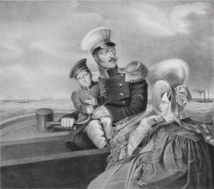 Císař Nicholas I a carevna Alexandra Fjodorovna se synem Konstantinem Nikolaevičem na výletě lodí, od Unbekannt