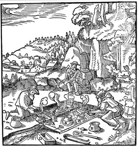 Odpařovací nádoby se solankou v přírodním horkém prameni za účelem získání soli, 1556 od Unbekannt