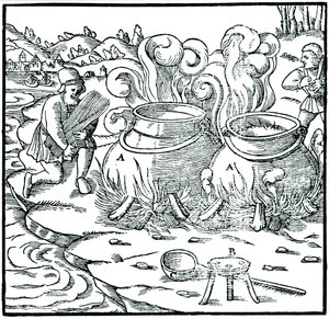 Odpařování mořské vody v železných nádobách k získání soli, 1556 od Unbekannt