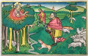 Exodus 3:1-22 a 4:1-4: hořící keř a Bůh vyzbrojující Mojžíše zázračnou holí od Unbekannt