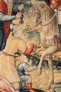 Vlámský gobelín. Seriál Historie Hannibala. Hannibal v Itálii (Aníbal en Italia). Třetí tapisérie ze zachovaných. Modelky Anonymní mistr Nizozemska. Výrobní dílny v Bruselu. Ca 1570. Látka Vlna a hedvábí. 6,5/7 osnovy na cm. Velikost od Unbekannt