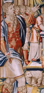 Vlámský gobelín. Seriál Historie Hannibala. Hannibalova přísaha (Juramento de Aníbal). První tapisérie v sérii. Karikatury anonymní mistr Nizozemska. Výrobní dílny v Bruselu. Cca 1570. Látka Vlna a hedvábí, 6,5/7 osnovy na cm. Velikost 34 od Unbekannt