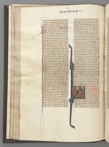 Fol. 46v, Numeri, historická iniciála L, Mojžíš s rohy, klečící před Bohem, c. 1275-1300. od Unbekannt