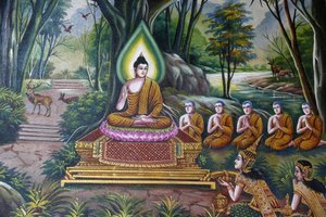 Freska zobrazující Buddhu s následovníky ve Wat Chiang Mun, Chiang Mai. Thajsko od Unbekannt