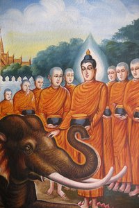 Freska zobrazující Buddhovu sanghu se slonem ve Wat Chiang Mun, Chiang Mai. Thajsko od Unbekannt