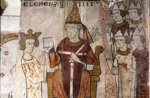 Freska věže Ferrande v Pernes-les-Fontaines (Pernes les Fontaines, Vaucluse (84)) ze 13. století: Karel I. z Anjou (1226-1285) byl 28. června 1265 papežem investován do Sicilského království. Klement IV (v. 1195-1268). od Unbekannt