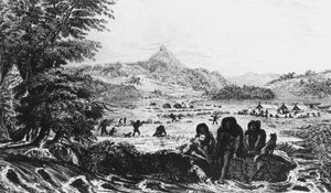 Fuegians ve Woollya, s táborem expedice Fitzroy v pozadí, 1831 1839 od Unbekannt