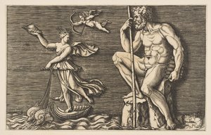 Galatea unikl Polyphemus, on sedí na skále, drží hůl a trubky a..., ca. 1515-1600. od Unbekannt