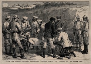 Generál Michail Dragomirov zraněn během bitvy v průsmyku Shipka, cca 1878 od Unbekannt