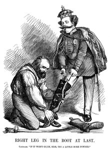 Giuseppe Garibaldi pomáhá Victoru Emmanuelovi II. nazout botu Itálie, 1860 od Unbekannt