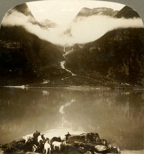 Ledovec Grytereids třpytící se nad unášenými mraky přes klidné jezero Olden, Norsko, c1905. od Unbekannt