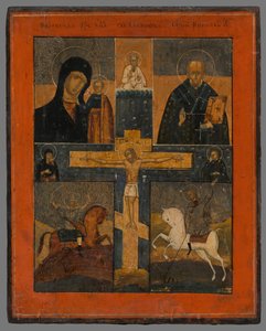 Ikona-Ukřižování s Kazanská Bohorodičkou, sv.Mikuláše, sv.Jurajom a Dimitrij od Unbekannt
