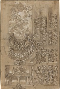 Iluzionistický strop s hroznovým altánem, figury na galeriích a centrální..., c. 1570158 od Unbekannt