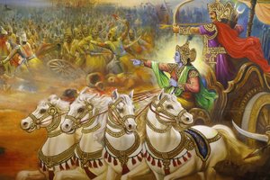 Hinduistický chrám Jalaram Modlitba, Leicester. Freska. Krišna Chariotir, který vede Arjunu na bitevním poli Kurukshetra. Spojené království od Unbekannt