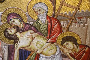 Ježíš dolů z kříže, detail mozaikového umění, které zobrazuje pohřeb Ježíše Krista, kostel svatého hrobu, Jeruzalém, Izrael od Unbekannt