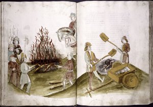 Jan Hus je upálen na hranici 6. července 1415 a jeho popel je vhozen do Rýna od: Ulrich Richental kronika hraběcí, 1414-1418 od Unbekannt