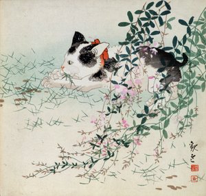 Kotě v trávě a listí květin - japonský tisk od Unbekannt