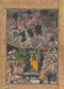 Krishna zvedne horu Govardhan, aby chránil vesničany z Braj, Folio z..., ca. 1590-95. od Unbekannt