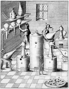 Laboratoř pro rafinaci zlata a stříbra, ukazující typické laboratorní vybavení, 1683 od Unbekannt