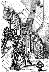 Položení obléhacího děla na cíl, ze stroje Le Different et artificiose, 1620 od Unbekannt