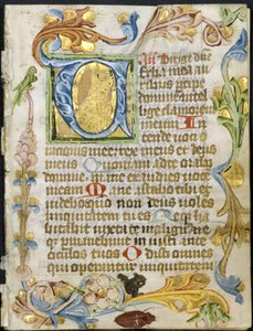 List z knihy hodin: Iniciála V s květinovým okrajem, c. 1460-1500. od Unbekannt
