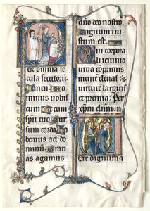 List z misálu se dvěma historickými iniciálami: Iniciála P[er omnia century saeculi]..., c. 1300 od Unbekannt