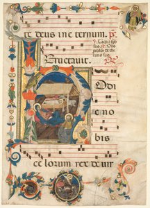 List z antifonáře s historickou iniciálou H s The Nativity recto, počátek 13. století. od Unbekannt