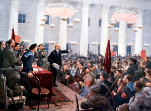 Lenin domlouvá poslancům 2. sovětského kongresu, palác Smolnyj, Petrohrad, 1917 od Unbekannt