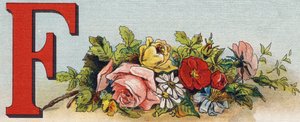 Písmeno F: květiny. Rytina "Alphabet de ma petite fille". Bernardin-Bechet a Fils, knihkupci-nakladatelé, Paříž, kolem roku 1895. Nerozbitné album na plátně. Bibliotheque des Bebes. 12 stran. Album obsahující metodu čtení a názornou abecedu od Unbekannt