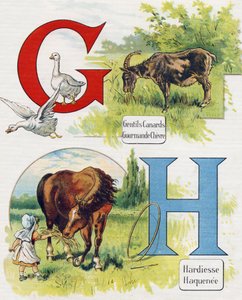 Písmeno G a H: Dobré kachny, chamtivá koza, smělost a Haquenee. Rytina v "ABC L