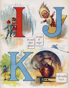 Písmeno I, J a K: Jdou klouzat, já jsem pan Jojo a kavárna Moka Karl. Rytina v "ABC L