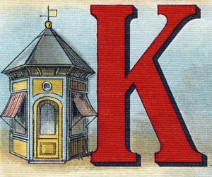 Písmeno K: kiosek. Rytina "Alphabet de ma petite fille". Bernardin-Bechet a Fils, knihkupci-nakladatelé, Paříž, kolem roku 1895. Nerozbitné album na plátně. Bibliotheque des Bebes. 12 stran. Album obsahující metodu čtení a názorný abecedář od Unbekannt