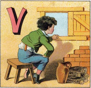 Písmeno V jako vasistas. Zvědavé dítě při pohledu z okna. Rytina v "Alphabet des petits ecoliers". Imaging of Epinal, circa 1885. Privee Collection od Unbekannt