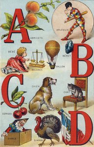 Písmena A B C D; Meruňky; Harlekýn; Zůstatek; Balón; Bebe; Třešně; Kočičí židle; Pes; Deka; Ďábel; Krocan; Vlajka. Rytina "Alphabet de ma petite fille". Bernardin-Bechet a Fils, knihkupci-nakladatelé, Paříž, kolem roku 1895. Nerozbitné album na plechovce od Unbekannt
