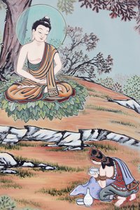 Mladá žena Life of Buddha nabídla budoucímu Buddhovi misku rýže a mléka. On to přijal, obnovil svou sílu a začal svou praxi znovu, Soul, Coree du Sud od Unbekannt