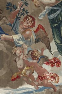 Život Panny Marie: „Korunovace Panny“ (Korunovace Panny Marie) Detail andělů Tapiserie z vlny a hedvábí vyrobené v dílně Pierra Damoura podle kreseb Charlese Poersona (1609-1667) od Unbekannt
