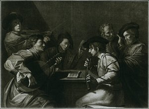 Loutna, housle a černý zakřivený cink, italská rytina roku 1784, 1948 od Unbekannt