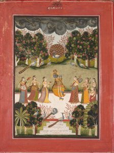 Malar Ragini: Krišna hraje na flétnu sedmi gopiím s hudebními nástroji..., c. 1760. od Unbekannt