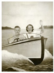 Muž a žena ve člunu s názvem "Miss Wildwood" kolem roku 1940 (foto) od Unbekannt
