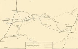 Mapa znázorňující hnutí za pomoc Kimberley a dobytí Bloemfonteinu, 1901. od Unbekannt