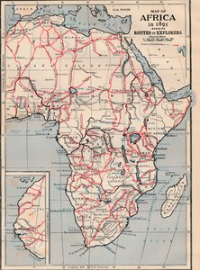 Mapa Afriky v roce 1891 ukazující cesty průzkumníků od Unbekannt