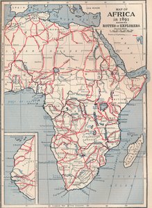 Mapa Afriky v roce 1891 ukazující cesty průzkumníků, 1906 od Unbekannt